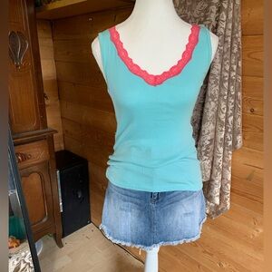 Vintage Y2K Women's Small Baby Blue Tank Top Pink‎ Lace Trim Gossip Mean Girls